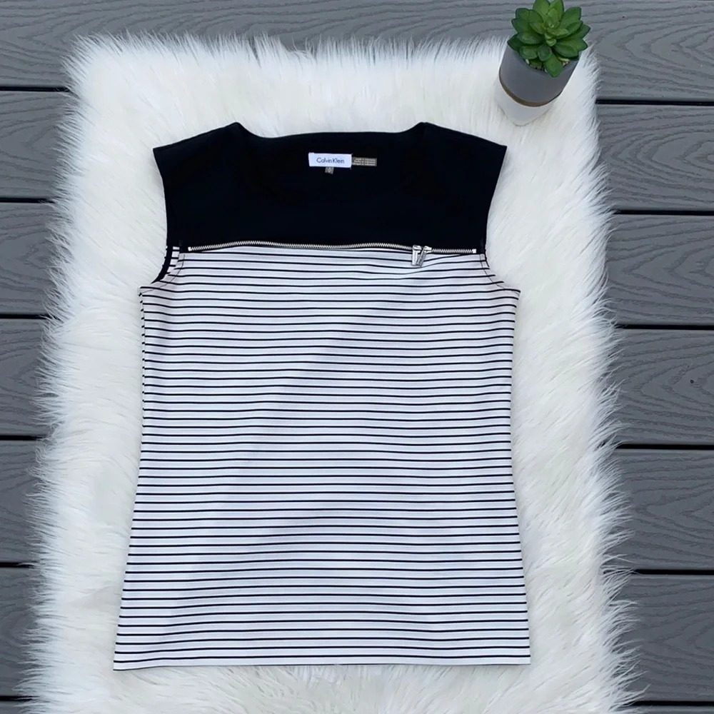 Calvin Klein black & white striped top with zipper embellishment